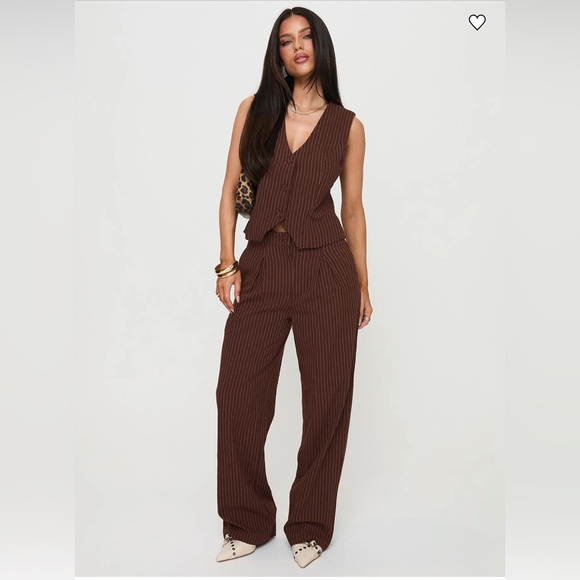 Princess Polly Chocolate Brown Pinstripe Wide Leg Pant Size 6 - Picture 1 of 8